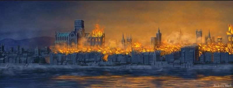 Великий Лондонский пожар. Быстрое распространение пожара по городу.